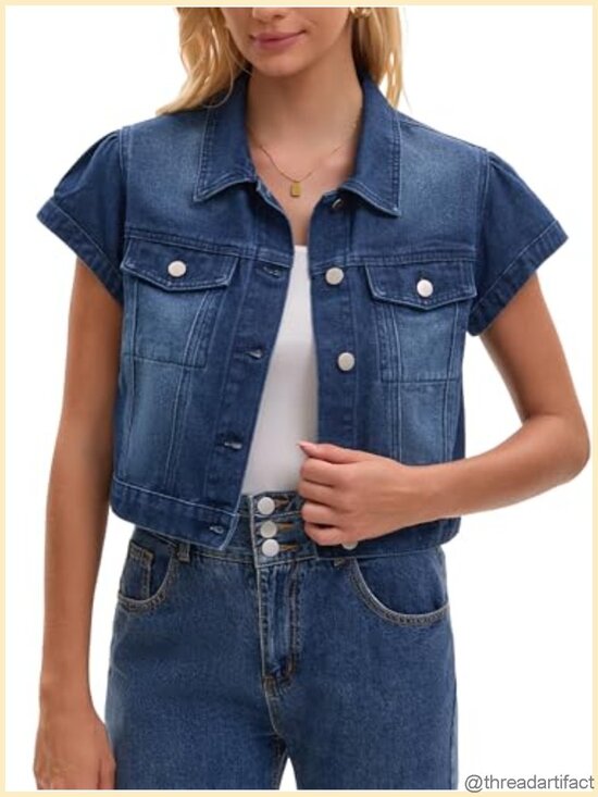 Jackets & Blazers - Cropped Denim Jacket Cap Puff Sleeve Button Down Jean Women's